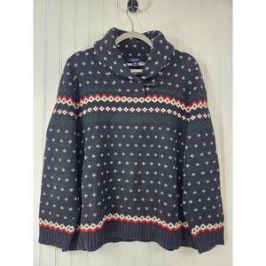 Chaps Womens 1X Navy Blue Fair Isle Cotton Shawl Collar Toggle Sweater Pullover